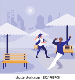 interracial dancers couple in the park vector illustration design