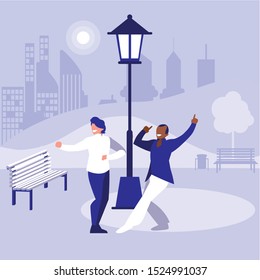 interracial dancers couple in the park vector illustration design