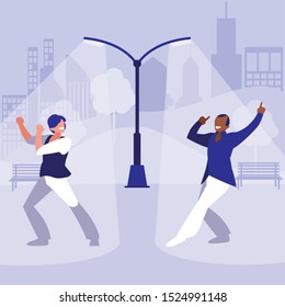interracial dancers couple in the park vector illustration design