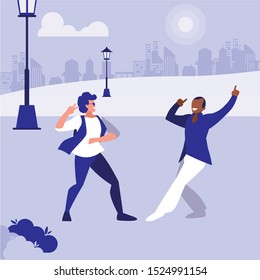 interracial dancers couple in the park vector illustration design