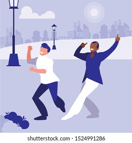 interracial dancers couple in the park vector illustration design