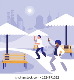 interracial dancers couple in the park vector illustration design