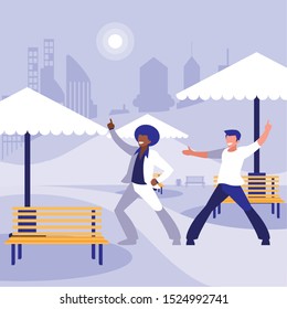interracial dancers couple in the park vector illustration design