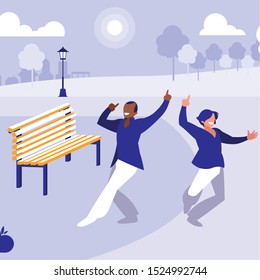 interracial dancers couple in the park vector illustration design