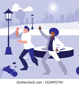 interracial dancers couple in the park vector illustration design