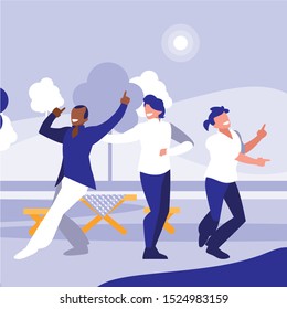 interracial dancers group dancing in the park vector illustration design