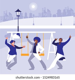 interracial dancers group dancing in the park vector illustration design