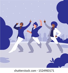 interracial dancers group dancing in the park vector illustration design