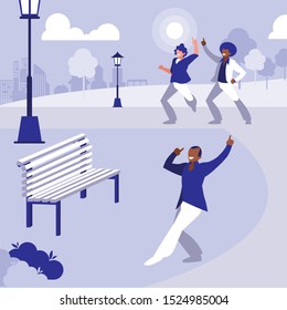 interracial dancers group dancing in the park vector illustration design