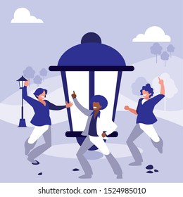interracial dancers group dancing in the park vector illustration design
