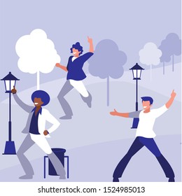 interracial dancers group dancing in the park vector illustration design