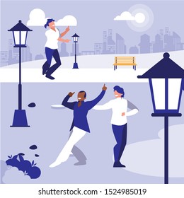 interracial dancers group dancing in the park vector illustration design
