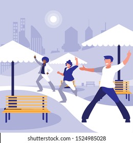 interracial dancers group dancing in the park vector illustration design