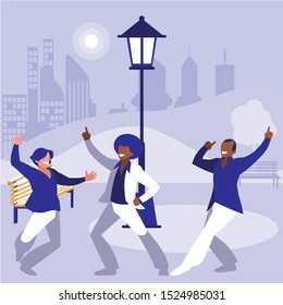 interracial dancers group dancing in the park vector illustration design