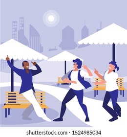 interracial dancers group dancing in the park vector illustration design