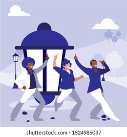 interracial dancers group dancing in the park vector illustration design