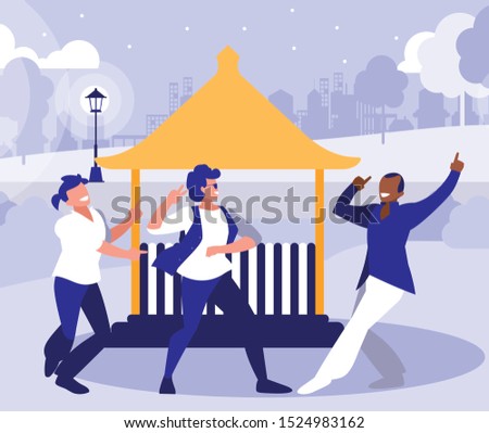 interracial dancers group dancing in the park vector illustration design