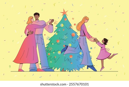 Interracial family with adults and children celebrating near decorated Christmas tree. Male dark-skinned character dancing. Festive confetti in background. Flat vector illustration of holiday scene.
