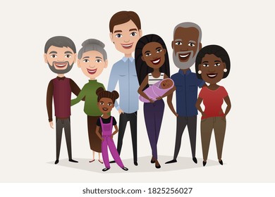 Interracial Family. African American Woman, Caucasian Man Couple With Baby, Girl Child, Grandmother Person, Grandfather. Happy Father, Mother Standing Together. Interracial Family Vector Illustration