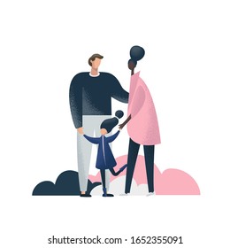 Interracial family flat illustrations. Pair of happy young people and their daughter take a walk. Family  Love and relationship concept. Caucasian man dark skinned woman and white skinned child cartoon character