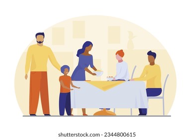 Interracial family gathering to have dinner vector illustration. Mother and child setting table while relatives talking and having fun together. Family reunion, interracial couple concept