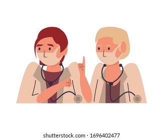 interracial female doctors using face masks characters vector illustration design
