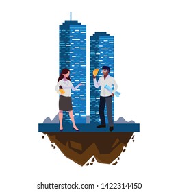 interracial female engineers workers with building