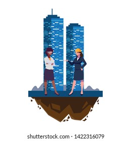 interracial female engineers workers with building