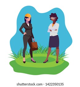 interracial female engineers workers characters on the lawn