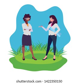 interracial female engineers workers characters on the lawn