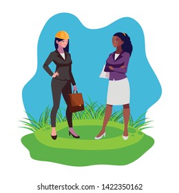interracial female engineers workers characters on the lawn