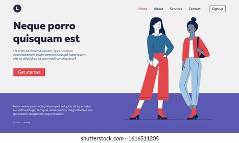 Interracial female friends meeting. Young women in casual standing and talking flat vector illustration. Communication, friendship, diversity concept for banner, website design