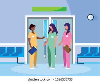 interracial female medicine workers in elevator door vector illustration design