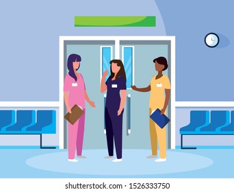 interracial female medicine workers in elevator door vector illustration design