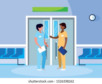 interracial female medicine workers in elevator door vector illustration design