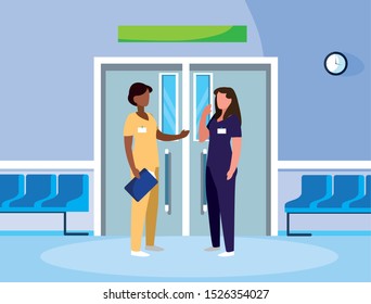interracial female medicine workers in elevator door vector illustration design