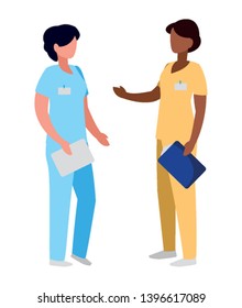 interracial female medicine workers with uniform characters vector illustration design