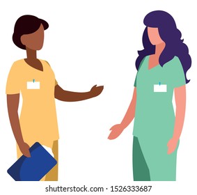 interracial female medicine workers with uniform characters vector illustration design