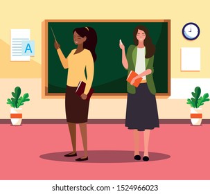 interracial female teachers in the classroom characters vector illustration design