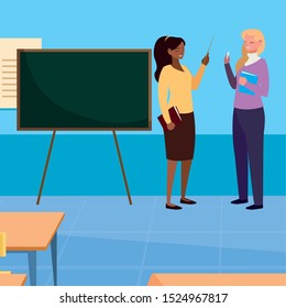 interracial female teachers in the classroom characters vector illustration design