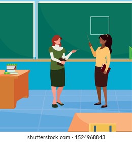 interracial female teachers in the classroom characters vector illustration design
