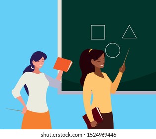 interracial female teachers couple with textbooks and chalkboard vector illustration