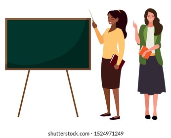 interracial female teachers couple with textbooks and chalkboard vector illustration