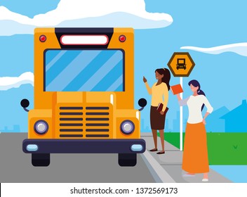 interracial female teachers in stop bus characters