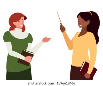 interracial female teachers with textbooks characters vector illustration design