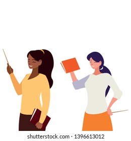interracial female teachers with textbooks characters vector illustration design