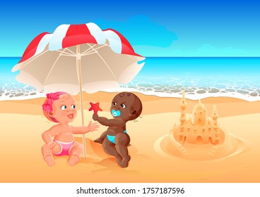 Interracial friendship white girl and black boy play together on beach. Summer holidays at sea with children. Vector cartoon illustration
