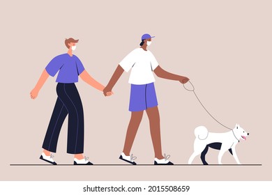 Interracial Gay Couple In Medical Face Mask Walking With Their Dog. Urban Lifestyle After Quarantine. New Normal. Vector Illustration In Flat Style On Isolated Background.  Eps 10.