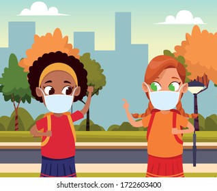 interracial girls using face masks for covid19 in the park vector illustration design