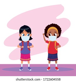 interracial girls using face masks for covid19 vector illustration design